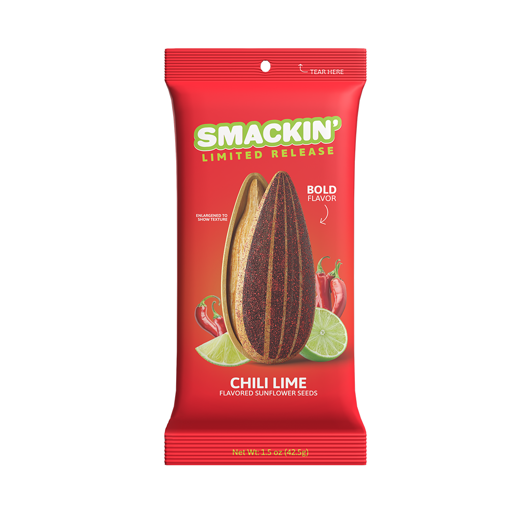 Red Smackin' Limited Release Chili Lime Flavored Sunflower Seeds package featuring an enlarged chili-dusted sunflower seed, red chili peppers, and vibrant green lime slices to highlight its bold flavor