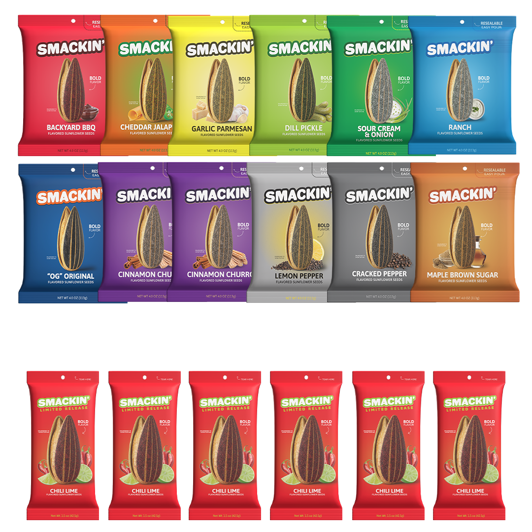 Product photography featuring Smakin' flavored sunflower seeds in a vibrant display of various colorful bags including Backyard BBQ Lemon Pepper and Chili Lime