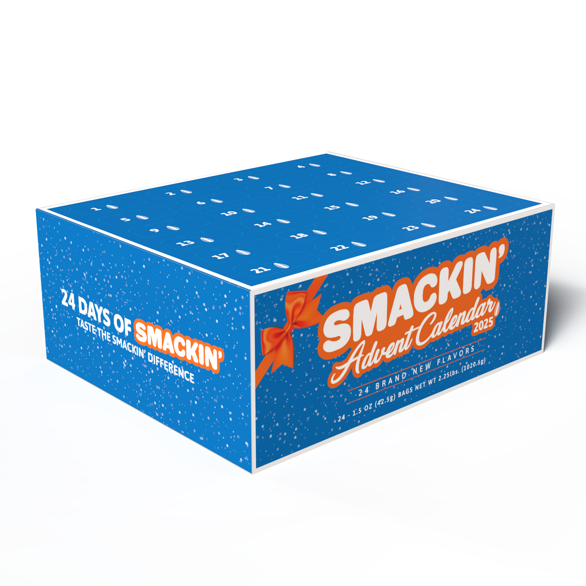 Digital rendering of a blue Smackin' Advent Calendar 2025 box adorned with white snow speckles, a prominent orange Smackin' logo and ribbon, and a top surface displaying twenty-four numbered flaps