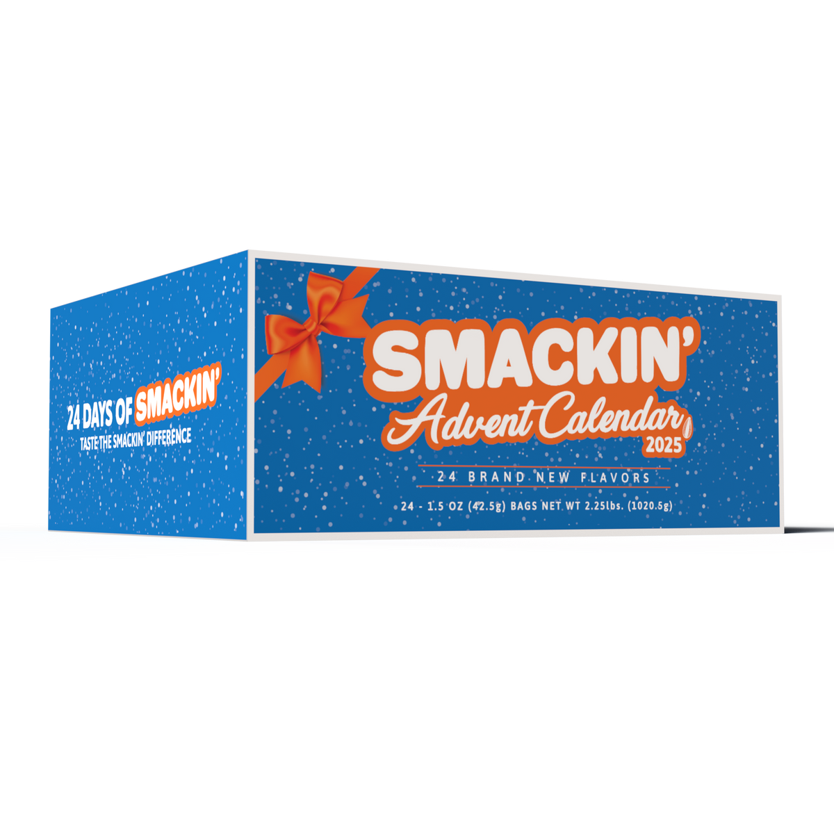 Product packaging of a blue Smackin' Advent Calendar 2025 box, featuring a white snowflake pattern, a vibrant orange bow, and bold orange lettering for '24 Brand New Flavors' on the front and '24 Days of Smackin' on the side