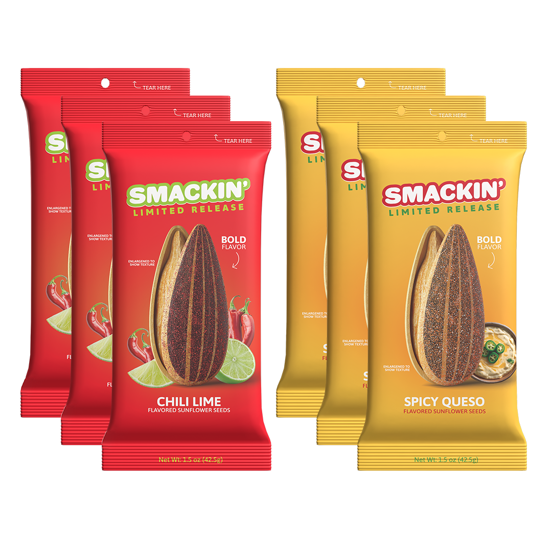 Smakin' Limited Release flavored sunflower seeds studio photograph showcasing three red Chili Lime pouches with chili peppers and lime slices alongside three yellow Spicy Queso pouches with a bowl of queso, each package displaying an enlarged textured sunflower seed