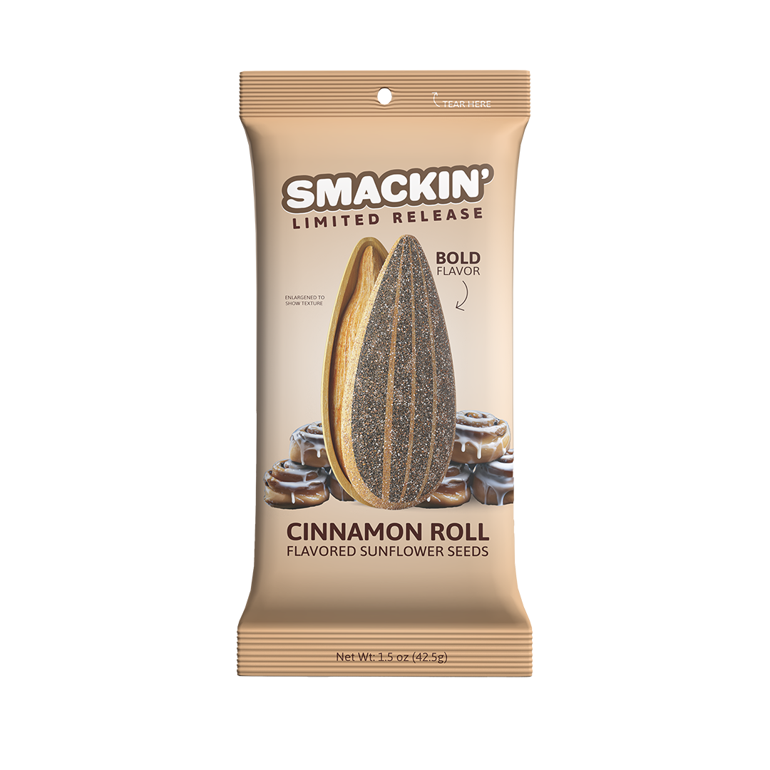 Product photography Smackin' Limited Release Cinnamon Roll Flavored Sunflower Seeds package featuring a large split textured sunflower seed graphic and several iced cinnamon rolls with Bold Flavor indicated
