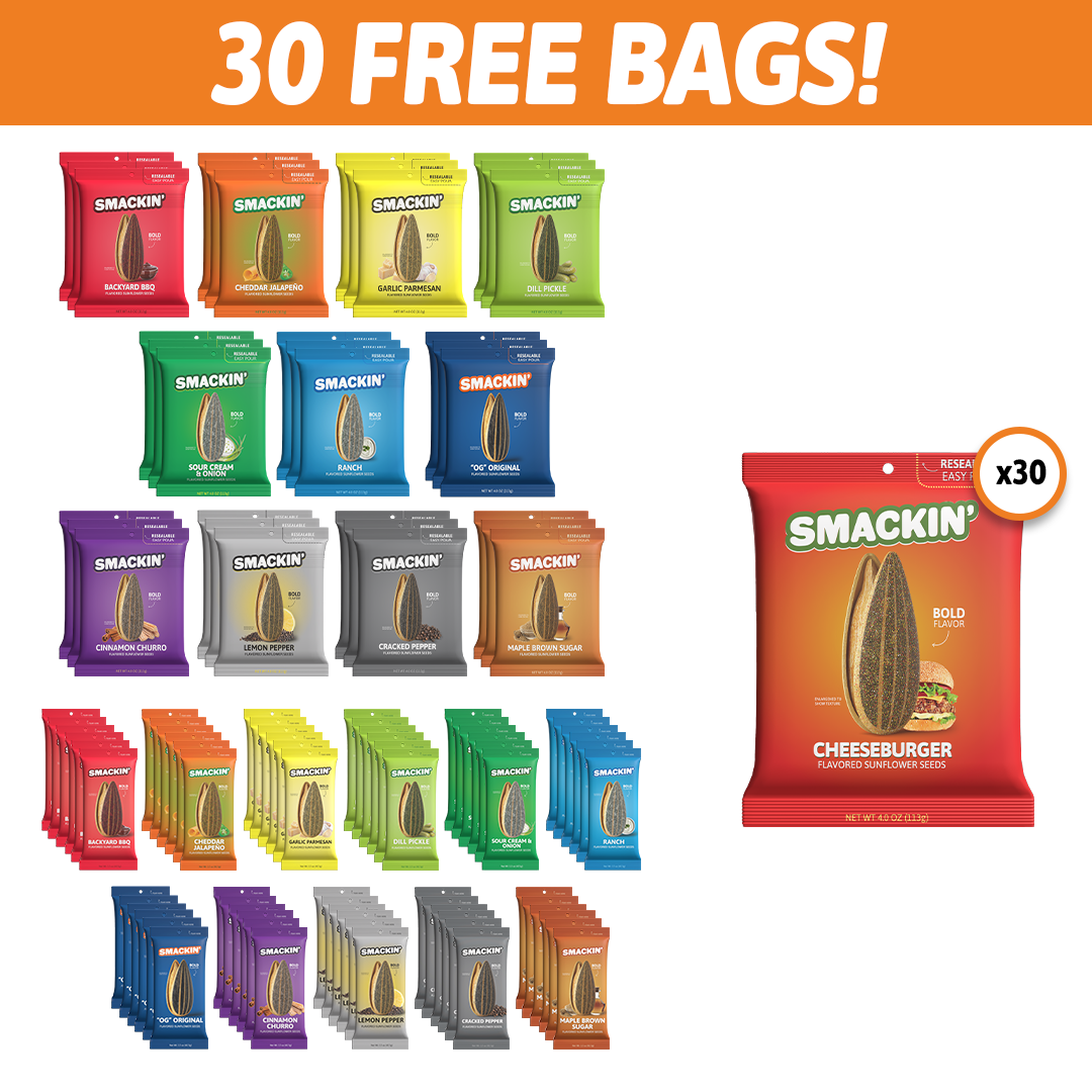 Promotional image for Smacking' flavored sunflower seeds featuring a "30 FREE BAGS" offer with a prominent red Cheeseburger flavored bag and an assortment of colorful individual bags including Backyard BBQ Cheddar Jalapeno and Maple Brown Sugar flavors