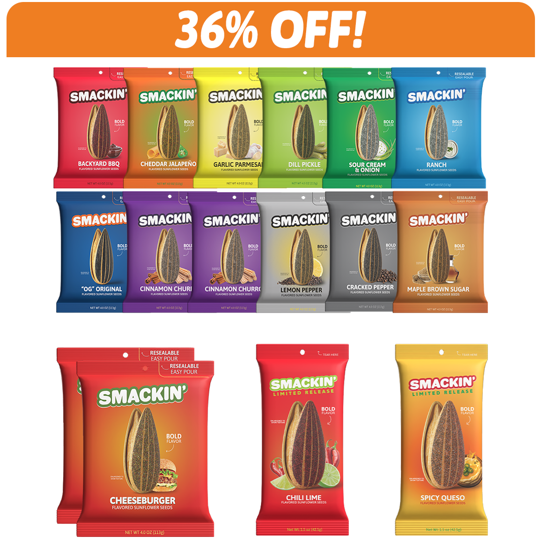 A vibrant grid display of Smackin' flavored sunflower seed bags, featuring a prominent '36% OFF!' banner and showcasing diverse options like Backyard BBQ, Chili Lime, and Spicy Queso, each with a 'Bold Flavor' label and a sunflower seed graphic