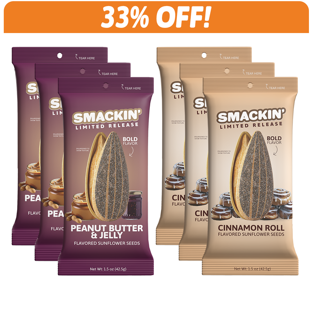 Six Smackin' Limited Release flavored sunflower seed packs with a 33% OFF banner featuring three purple Peanut Butter & Jelly packs and three tan Cinnamon Roll packs, each displaying an enlarged sunflower seed image
