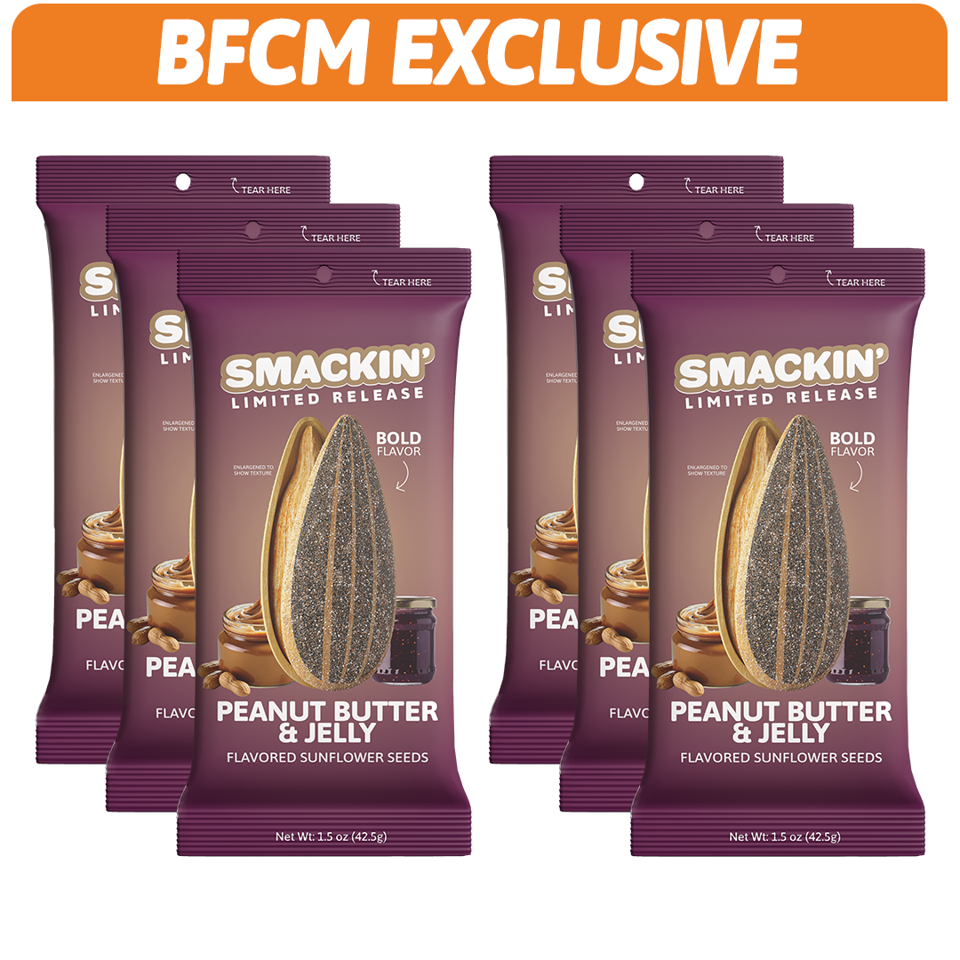 BFCM EXCLUSIVE banner above six purple packages of Smackin Limited Release Peanut Butter & Jelly Flavored Sunflower Seeds featuring illustrations of a large sunflower seed, a swirl of peanut butter, and a jar of jelly