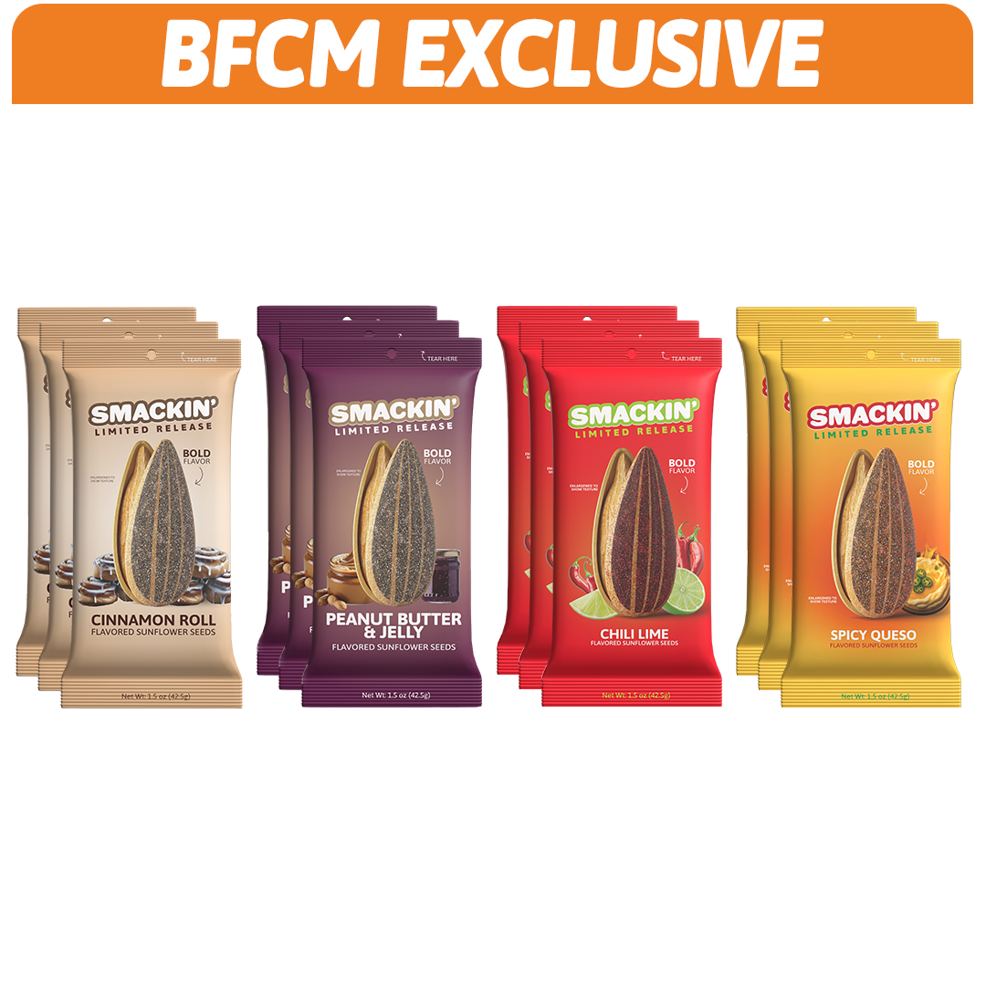 BFCM EXCLUSIVE product image displaying Smackin' Limited Release flavored sunflower seeds including Cinnamon Roll, Peanut Butter & Jelly, Chili Lime, and Spicy Queso varieties in their distinct tan, purple, red, and yellow packaging