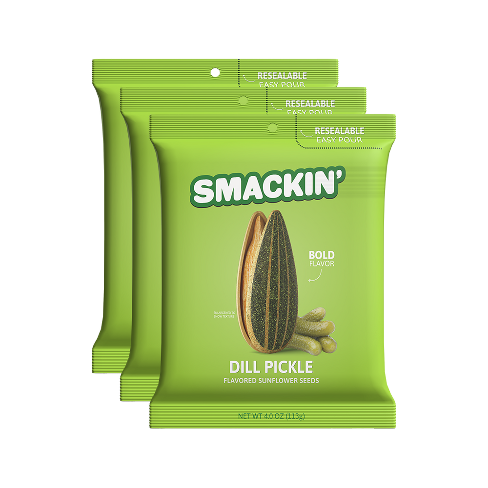 Product photography of three bright lime green Smackin' Dill Pickle Flavored Sunflower Seeds bags on a white background featuring a split sunflower seed, small pickles, "Bold Flavor" text, and resealable easy-pour tops