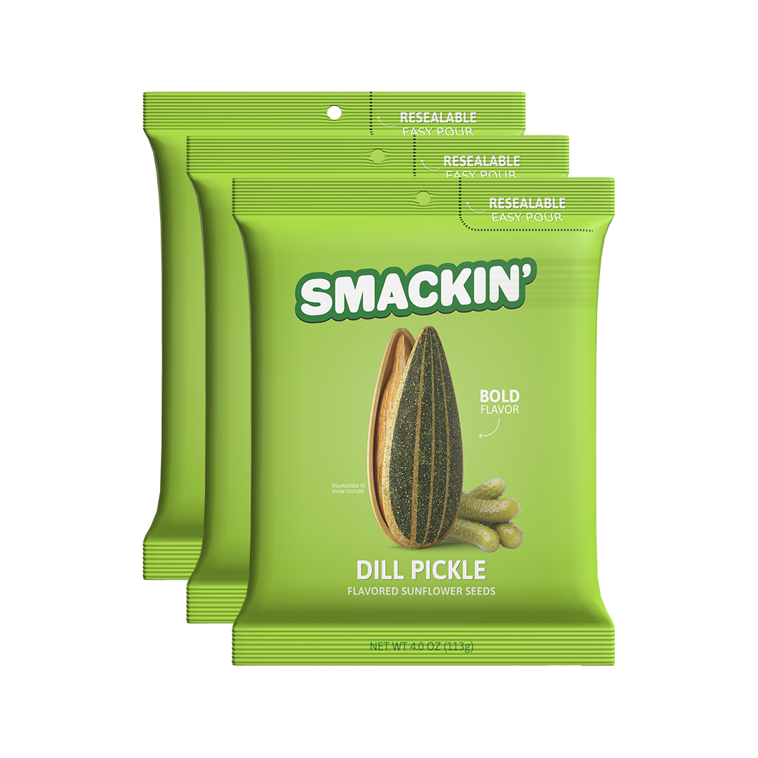 Product photography of three bright lime green Smackin' Dill Pickle Flavored Sunflower Seeds bags on a white background featuring a split sunflower seed, small pickles, "Bold Flavor" text, and resealable easy-pour tops