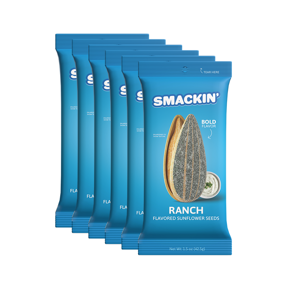 Product Photography of a five-pack of blue Smackin' Ranch Flavored Sunflower Seeds packages, each displaying a large textured sunflower seed, a small white bowl of ranch dip, and the words BOLD FLAVOR and RANCH Flavored Sunflower Seeds