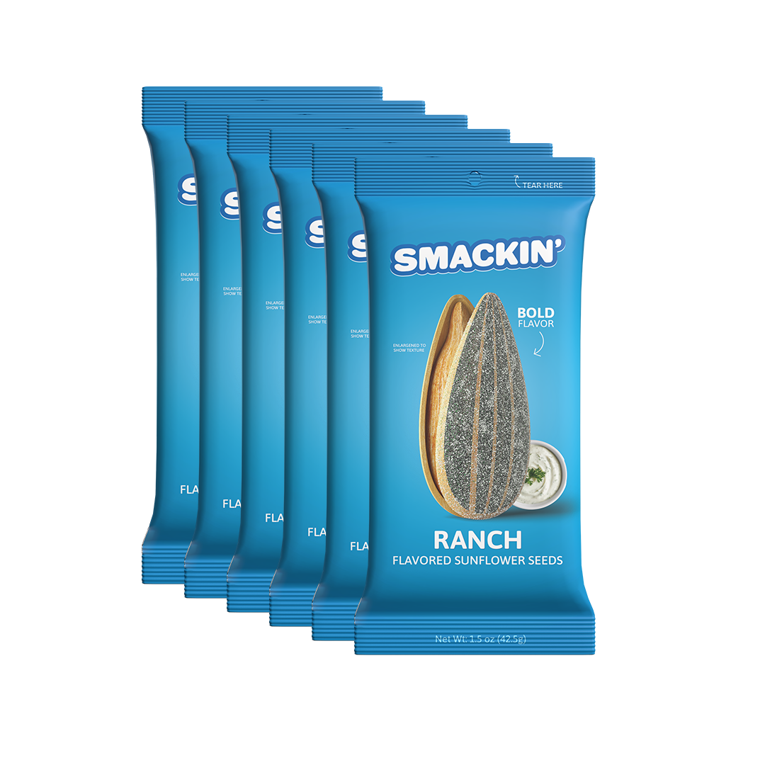 Product Photography of a five-pack of blue Smackin' Ranch Flavored Sunflower Seeds packages, each displaying a large textured sunflower seed, a small white bowl of ranch dip, and the words BOLD FLAVOR and RANCH Flavored Sunflower Seeds