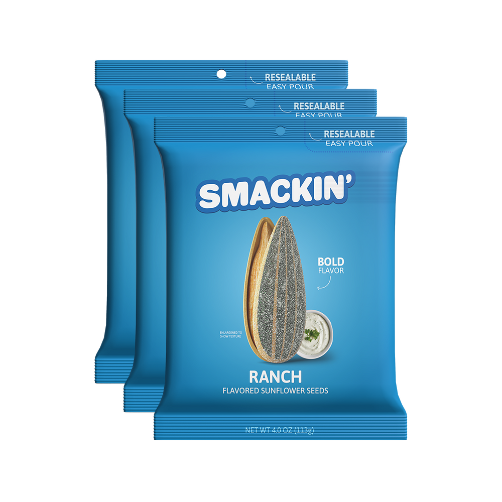 Three bright blue Smickin' Ranch flavored sunflower seed bags displaying an enlarged open sunflower seed, a small white bowl of ranch dip, and "Bold Flavor" and "Resealable Easy Pour" features