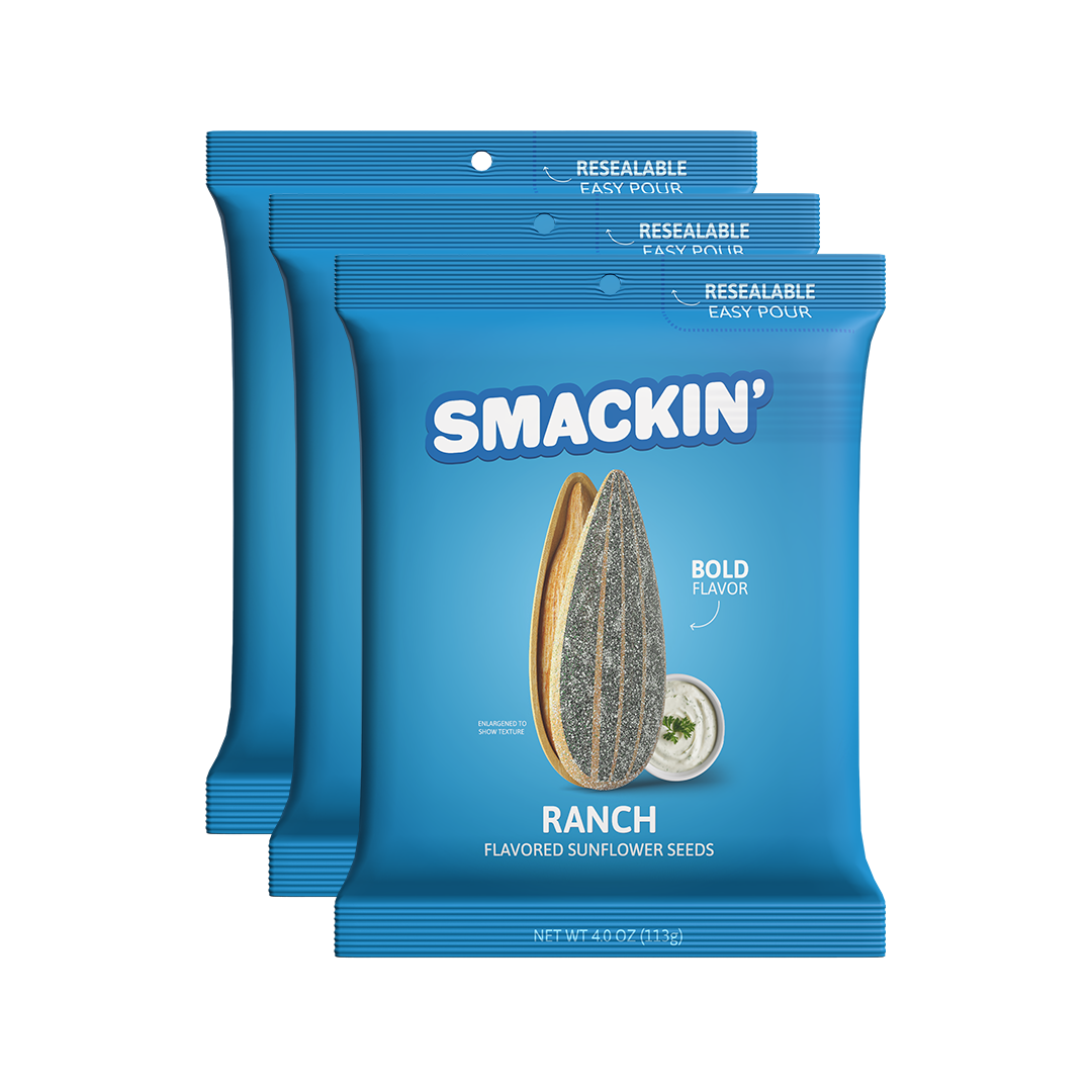 Three bright blue Smickin' Ranch flavored sunflower seed bags displaying an enlarged open sunflower seed, a small white bowl of ranch dip, and "Bold Flavor" and "Resealable Easy Pour" features