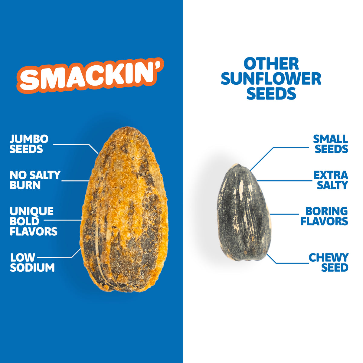 Digital graphic comparing a Smackin' jumbo sunflower seed with vibrant orange flavoring on a blue background, advertised for its unique bold flavors and low sodium, against a plain dark sunflower seed on a white background labeled as extra salty with boring flavors