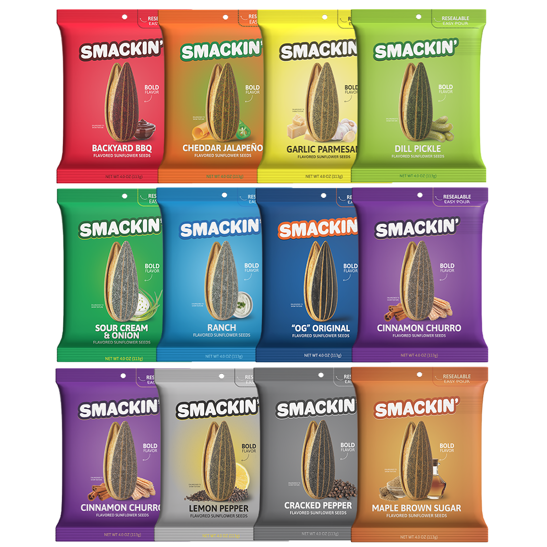 Product photography of Smacking' flavored sunflower seed bags arranged in a grid showcasing a wide variety of colorful packaging including Backyard BBQ, Dill Pickle, and Maple Brown Sugar flavors