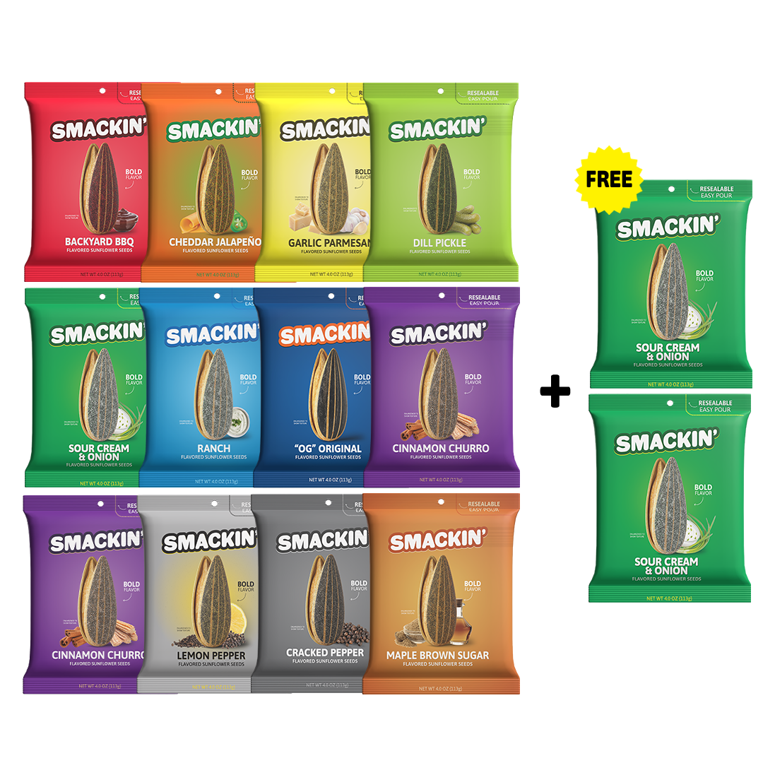 A vibrant display of fourteen Smackin' flavored sunflower seed bags arranged in a grid, featuring eleven unique varieties such as Backyard BBQ, Dill Pickle, and Maple Brown Sugar, with two additional Sour Cream & Onion bags clearly marked FREE