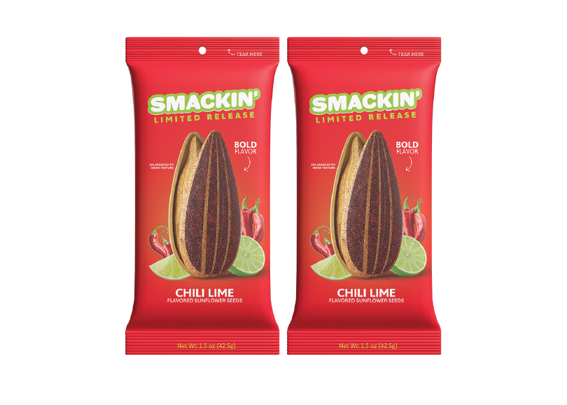 Two red Smackin' Limited Release Chili Lime flavored sunflower seed packages with a green logo displaying a large chili-dusted sunflower seed, red peppers, and green lime slices