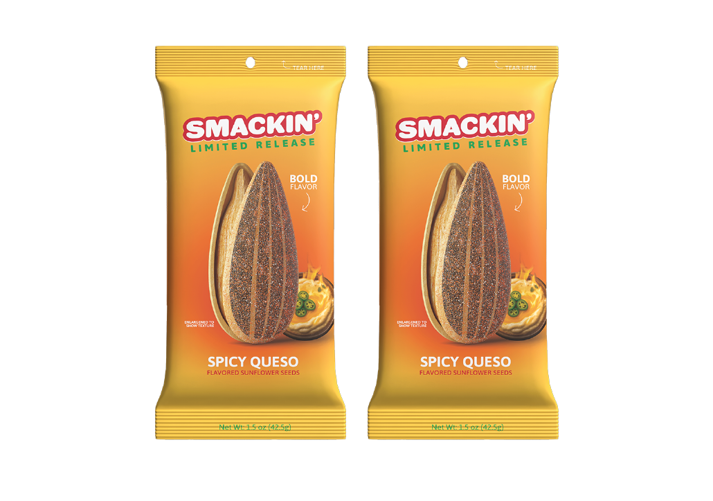 Two identical Smackin' Limited Release Spicy Queso Flavored Sunflower Seeds bags in vibrant yellow packaging featuring an enlarged bold flavor sunflower seed and a savory bowl of queso with jalapeños