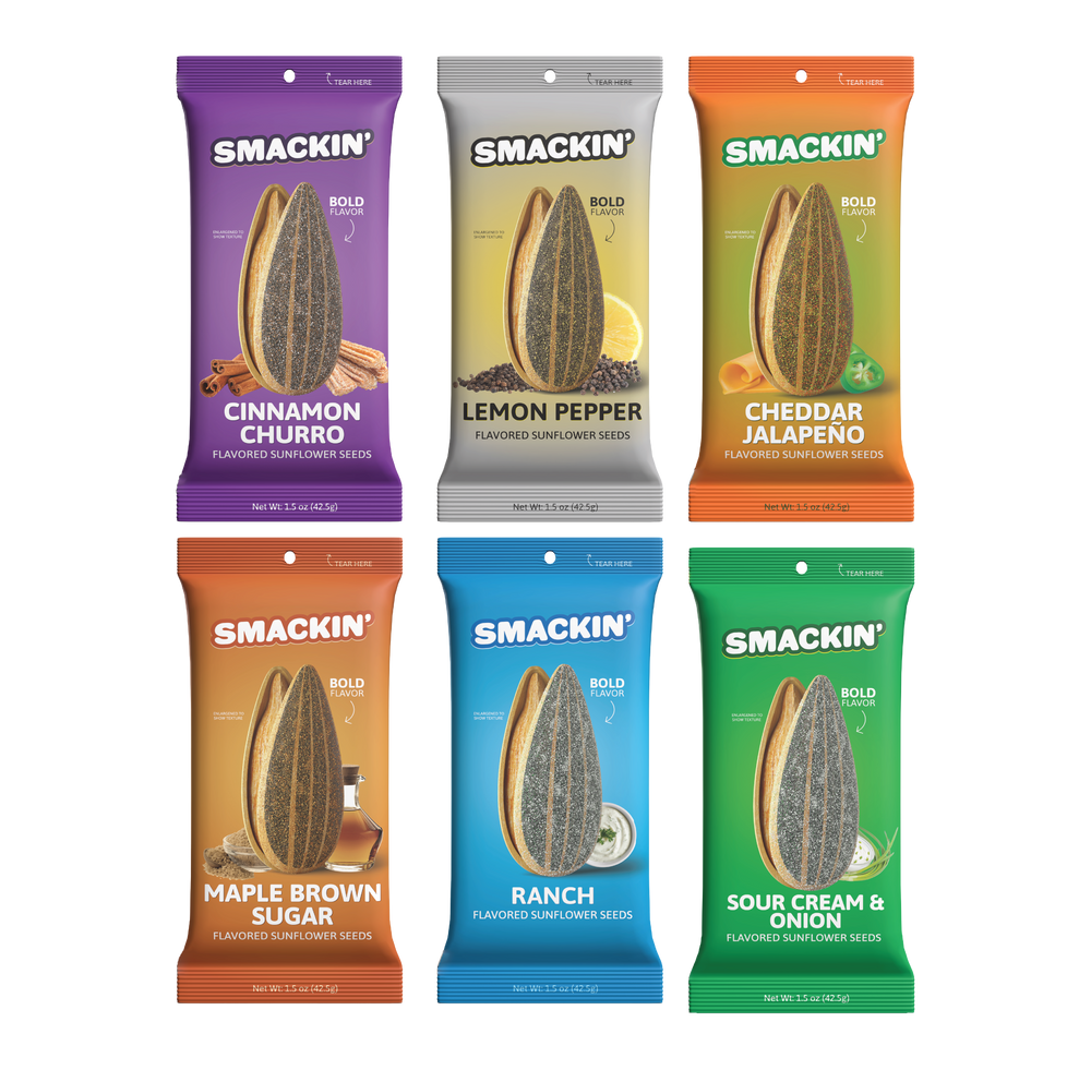 Product image of six colorful Smackin' flavored sunflower seed bags including Cinnamon Churro Lemon Pepper Cheddar Jalapeño Maple Brown Sugar Ranch and Sour Cream & Onion varieties each displaying an enlarged seasoned seed