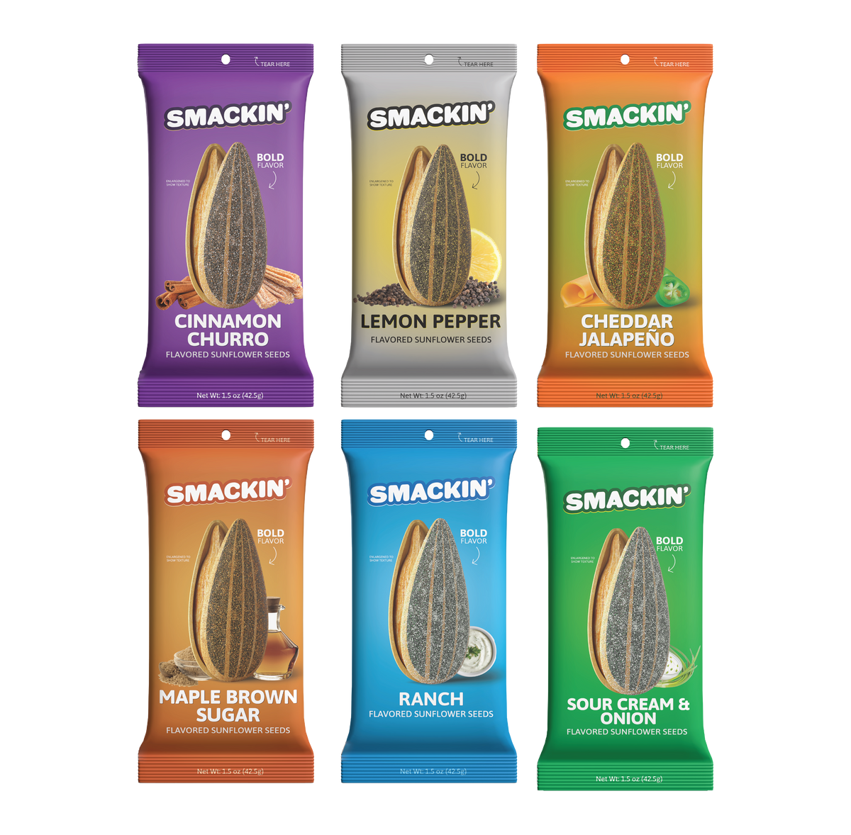 Product image of six colorful Smackin' flavored sunflower seed bags including Cinnamon Churro Lemon Pepper Cheddar Jalapeño Maple Brown Sugar Ranch and Sour Cream & Onion varieties each displaying an enlarged seasoned seed