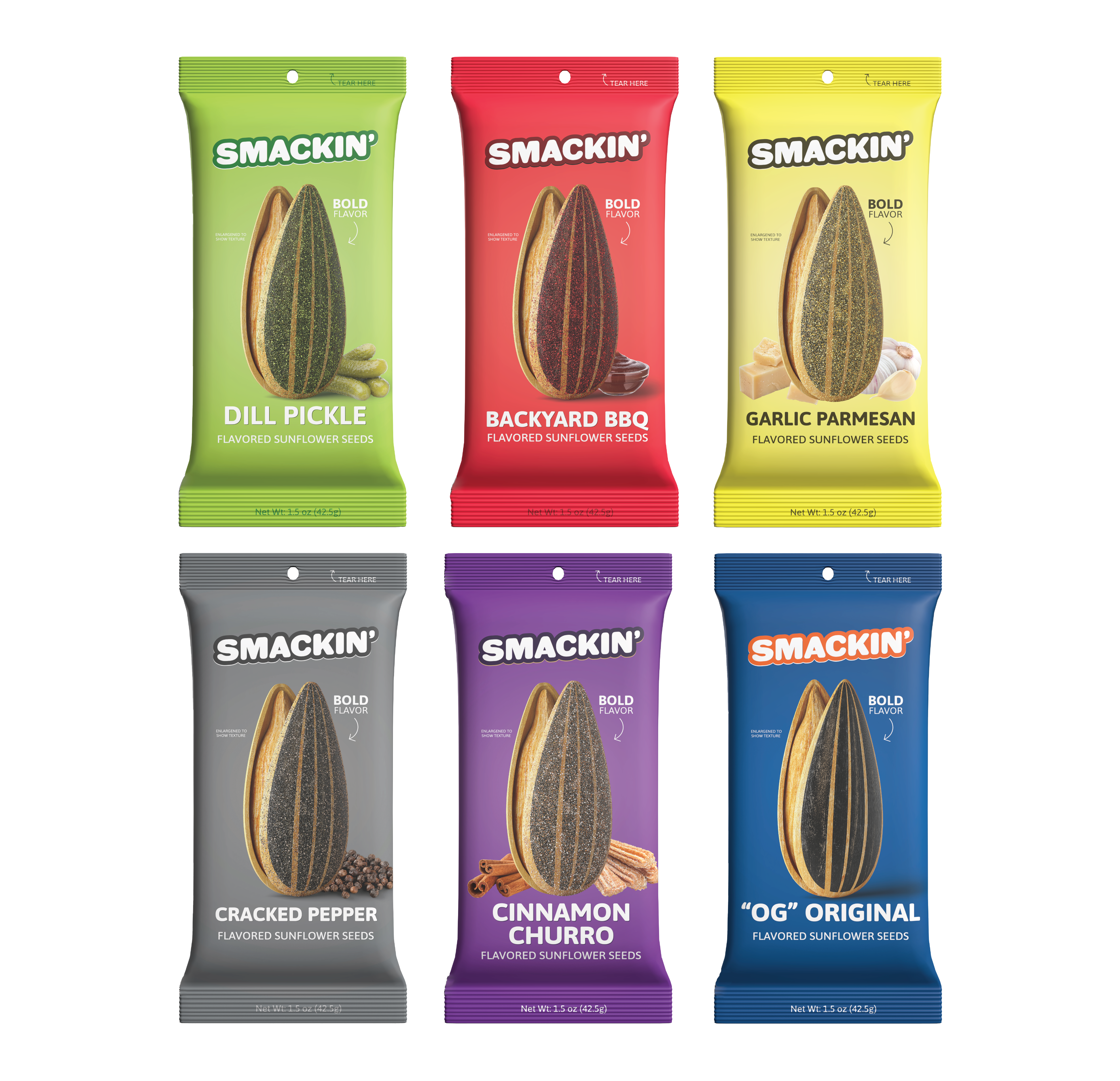 Product photography of six colorful Smackin' flavored sunflower seed bags, including green Dill Pickle, red Backyard BBQ, and purple Cinnamon Churro varieties, each featuring an enlarged sunflower seed and corresponding flavor ingredients