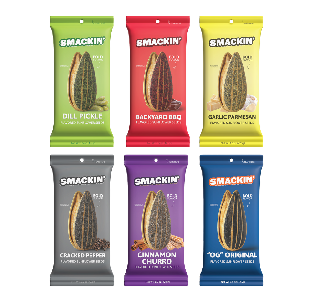Product photography of six colorful Smackin' flavored sunflower seed bags, including green Dill Pickle, red Backyard BBQ, and purple Cinnamon Churro varieties, each featuring an enlarged sunflower seed and corresponding flavor ingredients