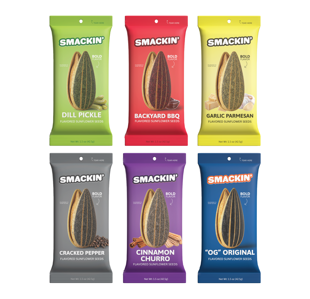 Product photography of six colorful Smackin' flavored sunflower seed bags, including green Dill Pickle, red Backyard BBQ, and purple Cinnamon Churro varieties, each featuring an enlarged sunflower seed and corresponding flavor ingredients
