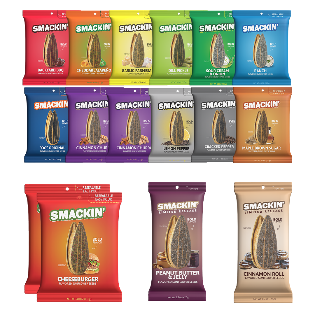 A colorful assortment of Smackin' flavored sunflower seeds, showcasing popular options like Backyard BBQ, Dill Pickle, Cinnamon Churro, and Peanut Butter & Jelly in various resealable packages