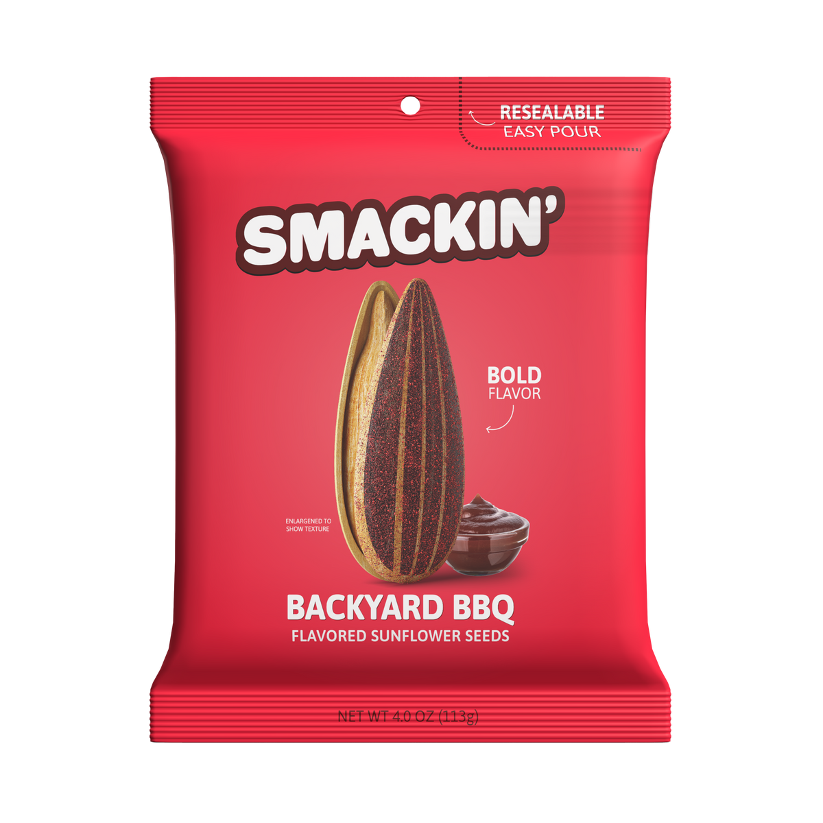 Product packaging for Smackin' Backyard BBQ flavored sunflower seeds, a vibrant red bag featuring a large BBQ-seasoned sunflower seed next to a small bowl of dark barbecue sauce, with text indicating 'Bold Flavor' and a 'Resealable Easy Pour' top