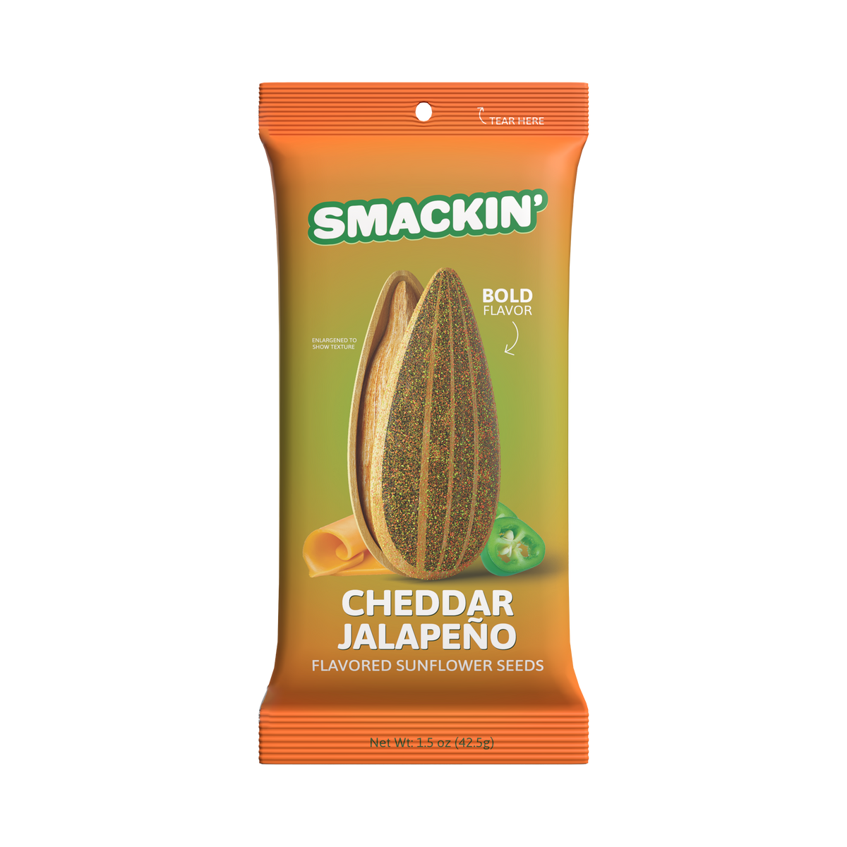 Commercial product packaging for Smackin' Cheddar Jalapeño flavored sunflower seeds featuring an orange and green gradient design with an enlarged seasoned sunflower seed, a slice of rolled cheddar cheese, and a fresh green jalapeño slice alongside "Bold Flavor" text