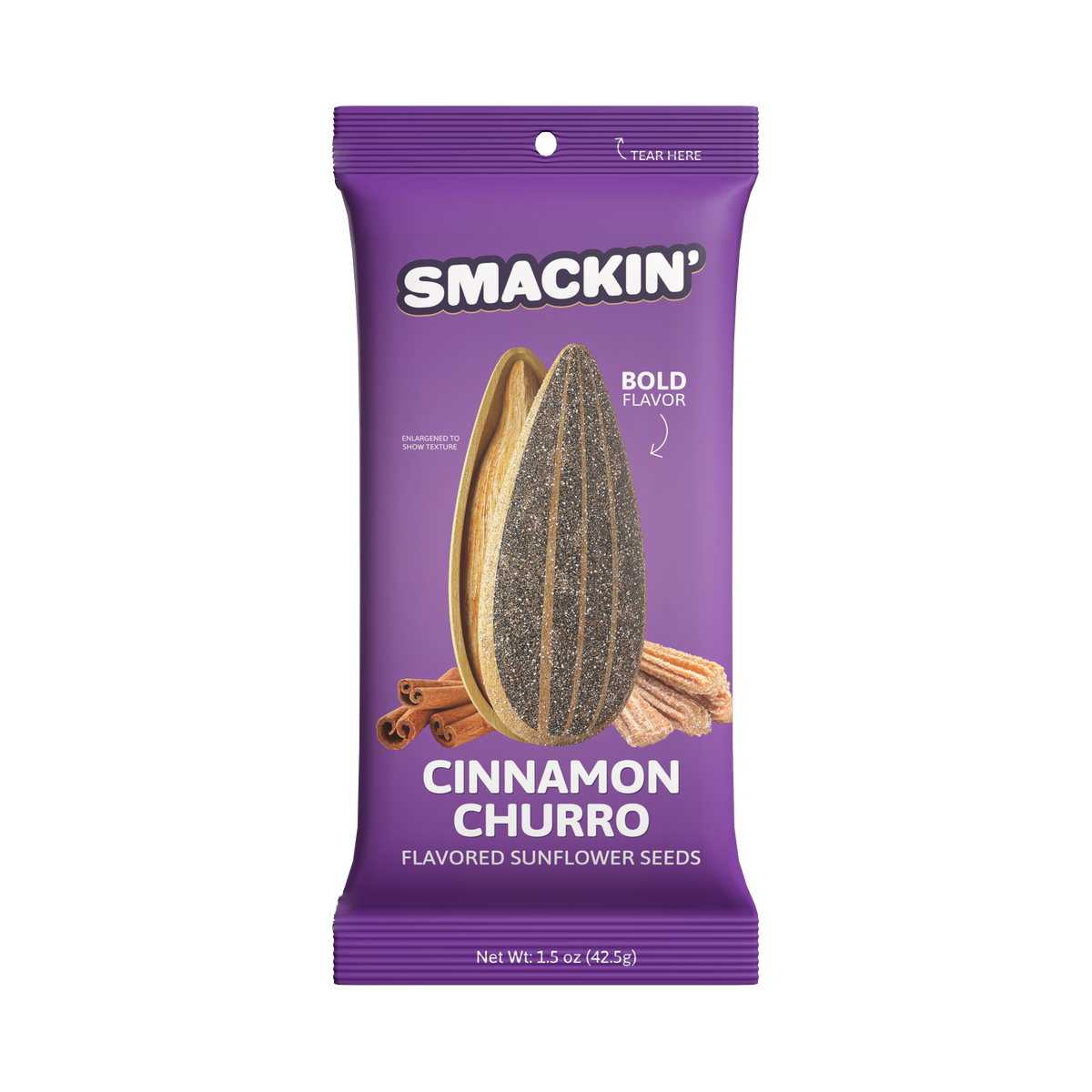 Product photograph of a vibrant purple Smackin' Cinnamon Churro flavored sunflower seeds bag displaying enlarged seeds, brown cinnamon sticks, and sugary churros against a white background with "Bold Flavor" text
