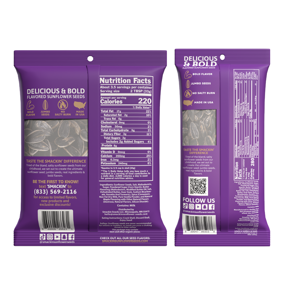 Digital illustration of two Smackin' Delicious & Bold flavored sunflower seed bags, one displaying the bright purple front with a clear window of jumbo seeds and 'Made in USA' icon, the other presenting the back with detailed nutrition facts and social media icons