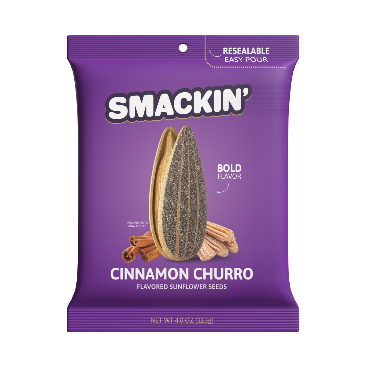 Product photo of a purple Smackin' Cinnamon Churro flavored sunflower seeds bag featuring an enlarged sunflower seed, cinnamon sticks, and churros, with resealable easy pour and bold flavor callouts