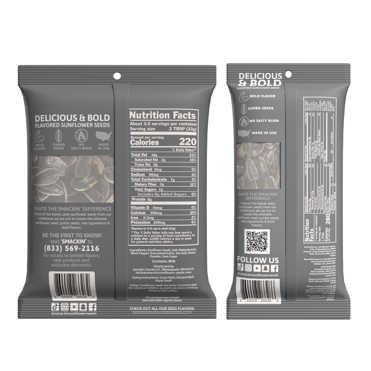 Two dark grey matte pouches of Delicious & Bold flavored sunflower seeds are displayed upright, featuring white brand text, detailed nutrition facts, a barcode, and social media icons