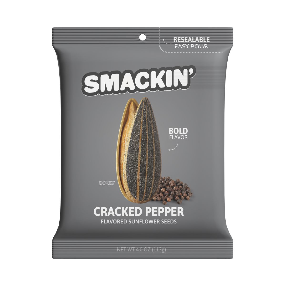 Dark grey Smackin' Cracked Pepper flavored sunflower seeds bag featuring a large opened sunflower seed and a pile of black peppercorns with bold flavor text on a resealable easy pour package