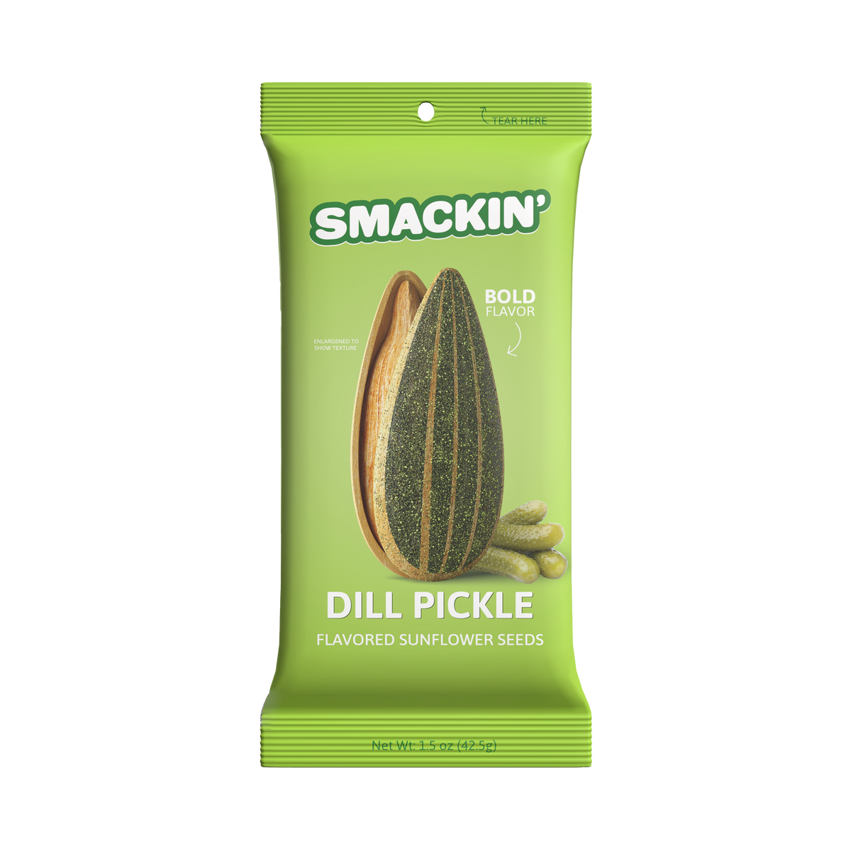 Product photo of a bright green Smackin' Dill Pickle Flavored Sunflower Seeds package featuring a large opened sunflower seed revealing its speckled kernel texture and several small gherkin pickles