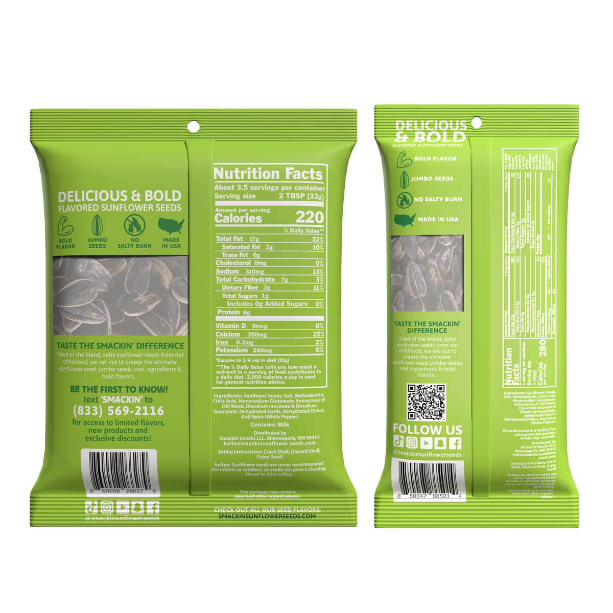 Product photography of two vertical lime green packages of Delicious & Bold Flavored Sunflower Seeds on a white background, featuring a clear window revealing black and white jumbo seeds, detailed nutrition facts, and social media icons including TikTok and Instagram
