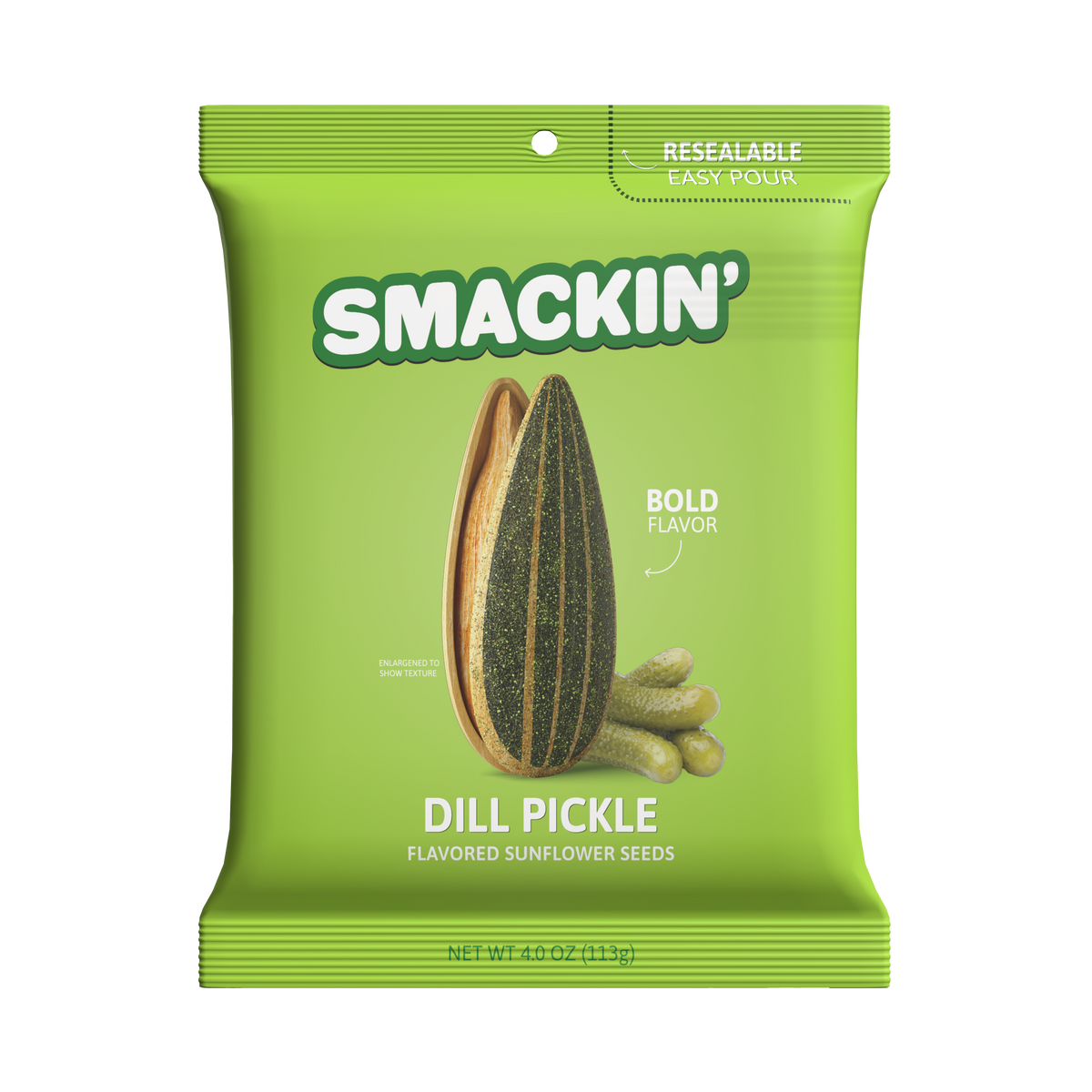 Product photography of a bright green resealable Smackin' Dill Pickle Flavored Sunflower Seeds bag displaying a large split seed with green seasoning, a pile of gherkin pickles, and "Bold Flavor" text
