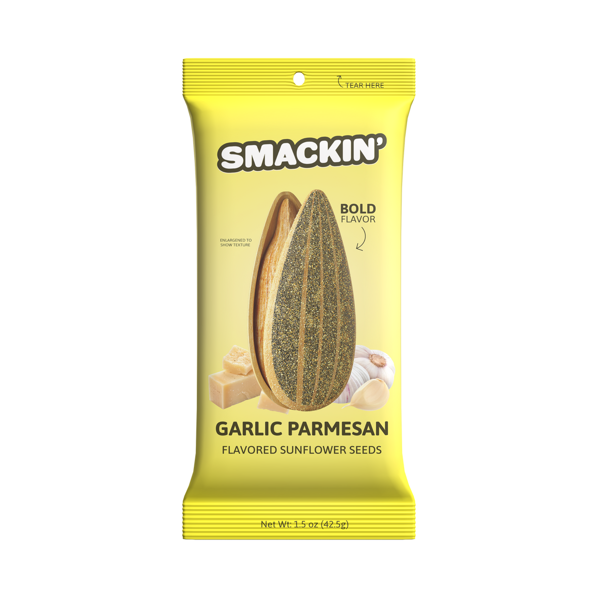 Product Photography: A bright yellow Smackin' Garlic Parmesan flavored sunflower seeds package displays an enlarged textured sunflower seed, blocks of parmesan cheese, and garlic cloves with a "BOLD FLAVOR" label