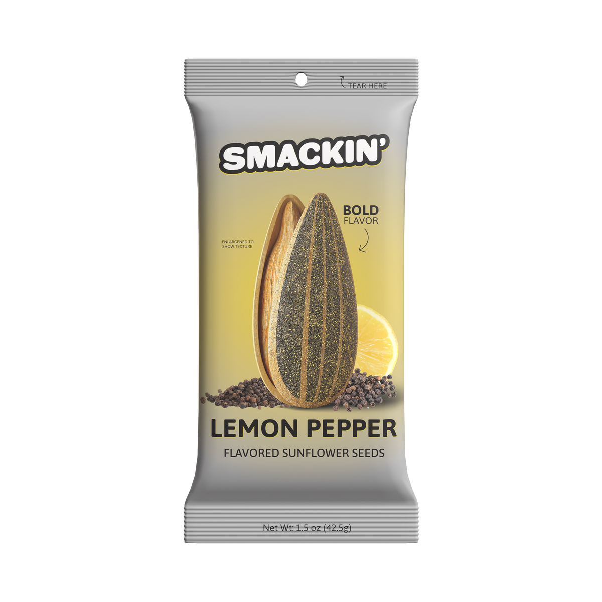 Product photography of Smackin' Lemon Pepper Flavored Sunflower Seeds bag featuring an enlarged seasoned sunflower seed, a bright yellow lemon slice, and scattered black peppercorns against a gradient yellow background