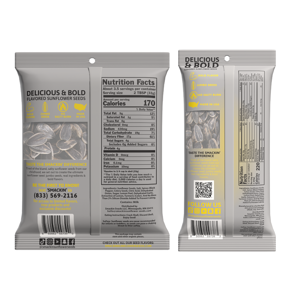 Product image of two gray and yellow Delicious & Bold flavored sunflower seed packages, the front displaying jumbo seeds, a Made in USA map icon, and Nutrition Facts listing 170 calories, while the back features a QR code and @smackinsunflowerseeds social media handles
