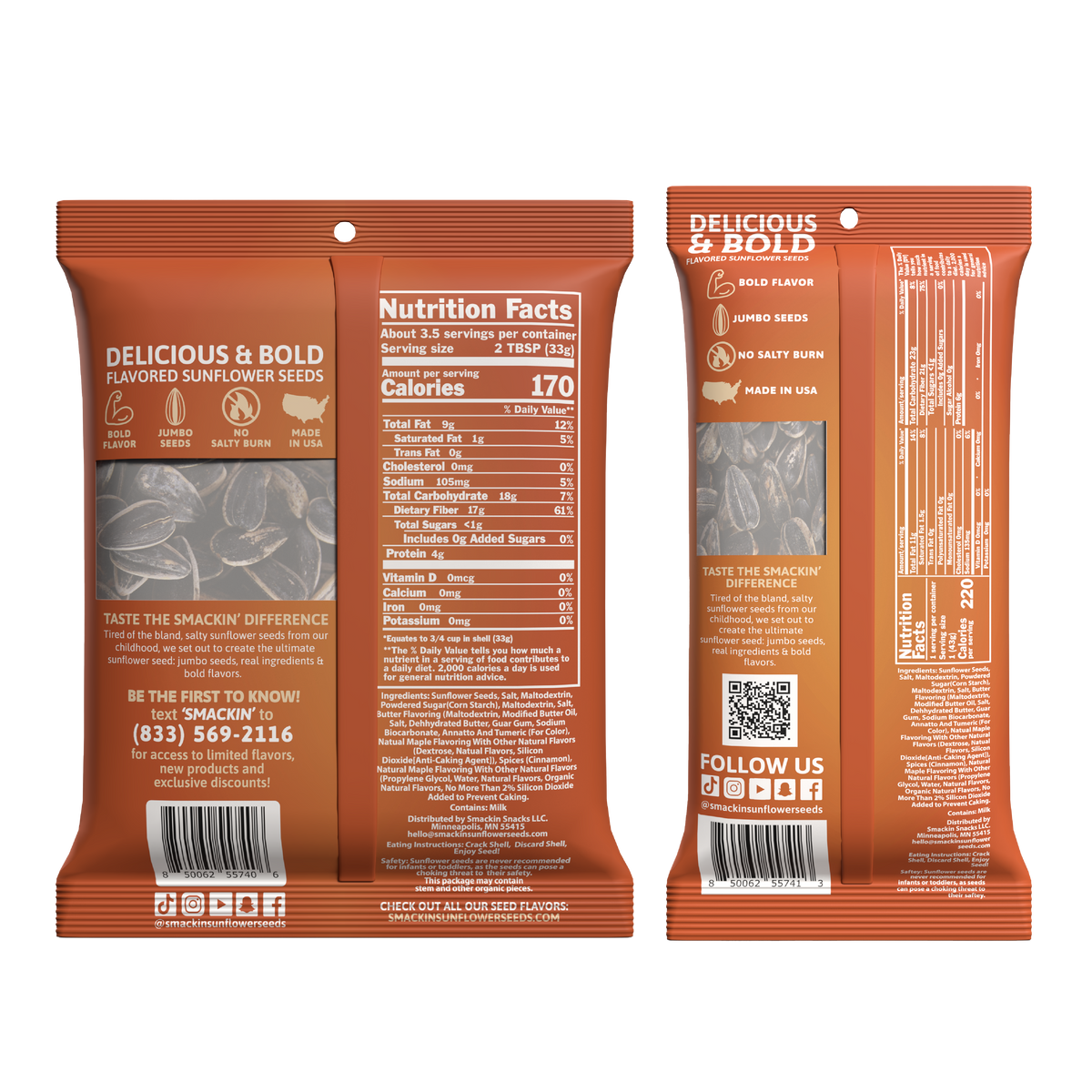 Smackin' Sunflower Seeds product package displaying the front and back of a vibrant reddish-brown bag of Delicious & Bold Flavored Sunflower Seeds on a white background with prominent "Bold Flavor" and "Jumbo Seeds" icons and a detailed "Nutrition Facts" panel