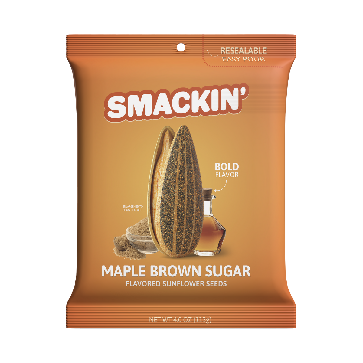 Product photograph of an orange Smackin' Maple Brown Sugar flavored sunflower seeds resealable pouch prominently displaying a split sunflower seed enlarged for texture, a small bowl of brown sugar, and a bottle of maple syrup, with "BOLD FLAVOR" text