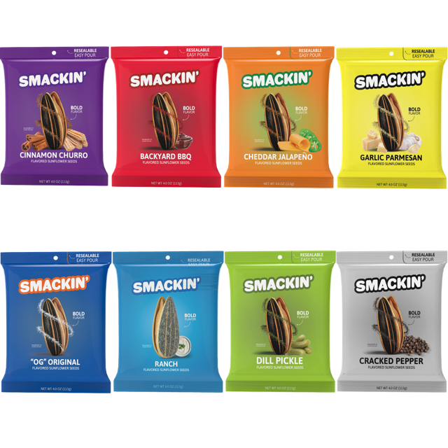 Eight Smackin' brand flavored sunflower seed bags arranged in two rows on a white background, showcasing vibrant packaging for flavors such as purple Cinnamon Churro, red Backyard BBQ, and lime green Dill Pickle