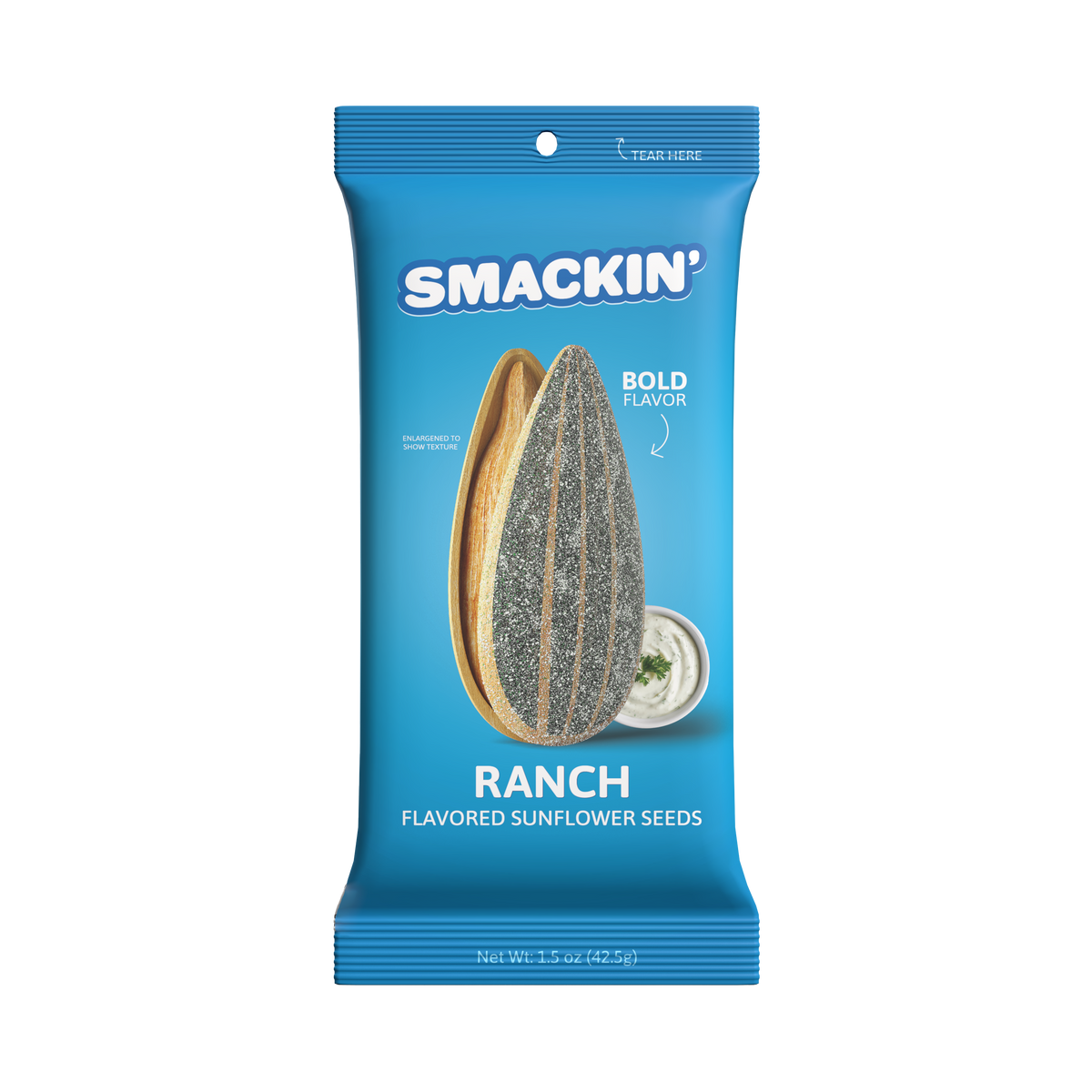 Product image of Smackin' Ranch Flavored Sunflower Seeds, a vibrant blue pouch featuring an enlarged graphic of a split sunflower seed with textured gray shell and golden kernel, alongside a small white bowl of ranch dressing with parsley and "BOLD FLAVOR" text