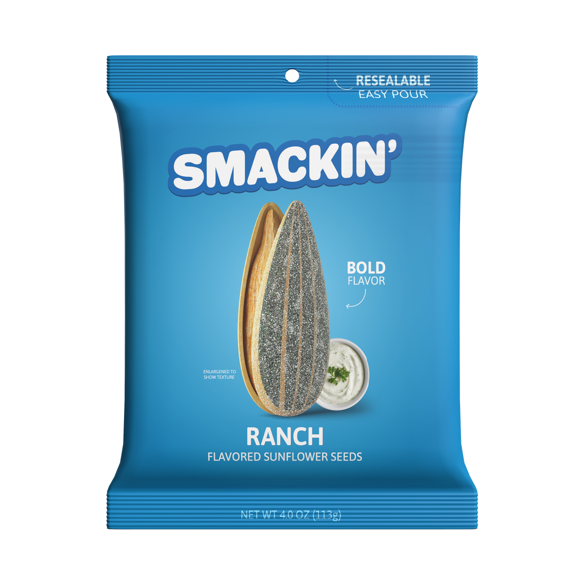 Product image of a vibrant blue resealable Smackin' Ranch Flavored Sunflower Seeds bag showing a large split sunflower seed heavily seasoned, alongside a small white bowl of ranch dip with parsley