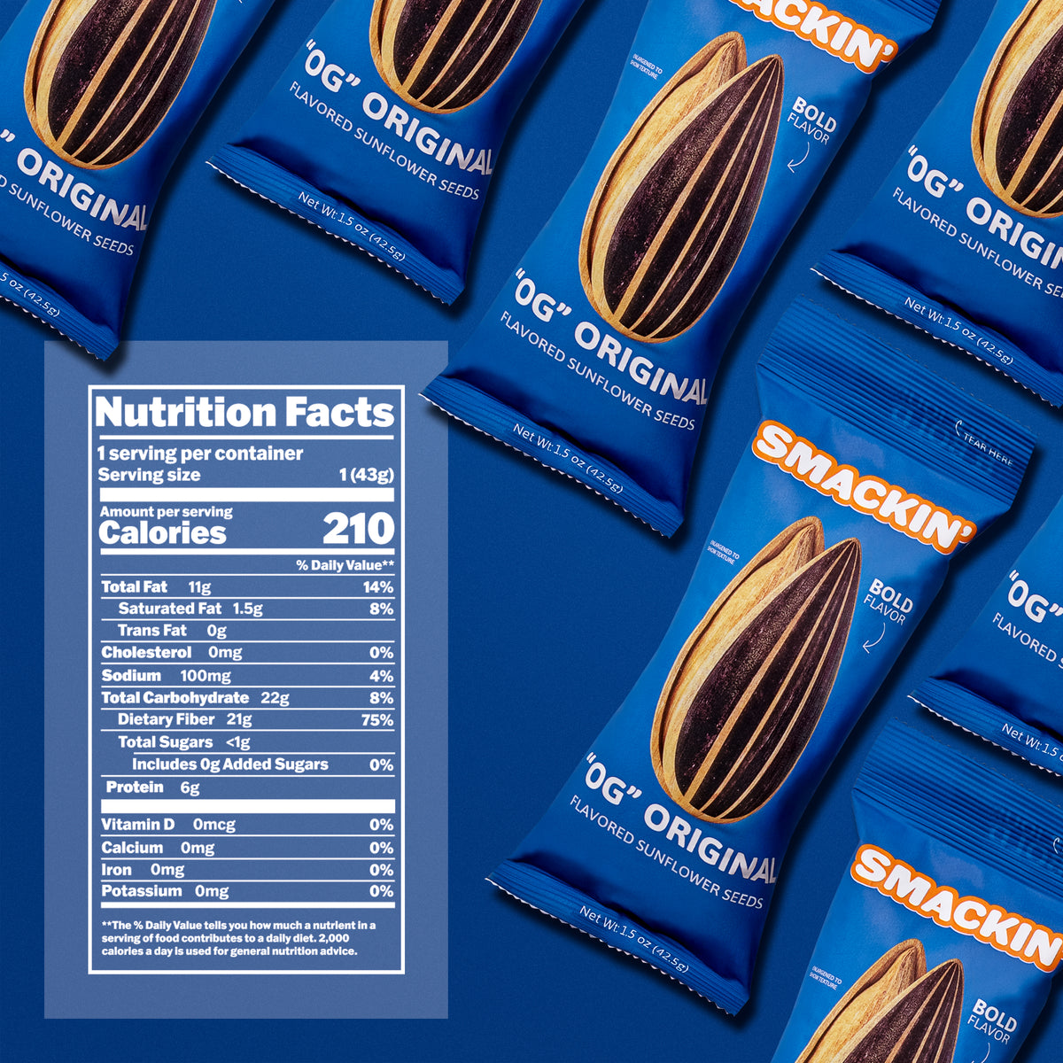 Product photography featuring multiple vibrant blue Smackin' 'OG' Original Flavored Sunflower Seed packets laid out on a matching blue background, each displaying a detailed striped sunflower seed illustration, bold orange 'SMACKIN' branding, and a clear white Nutrition Facts label on the left