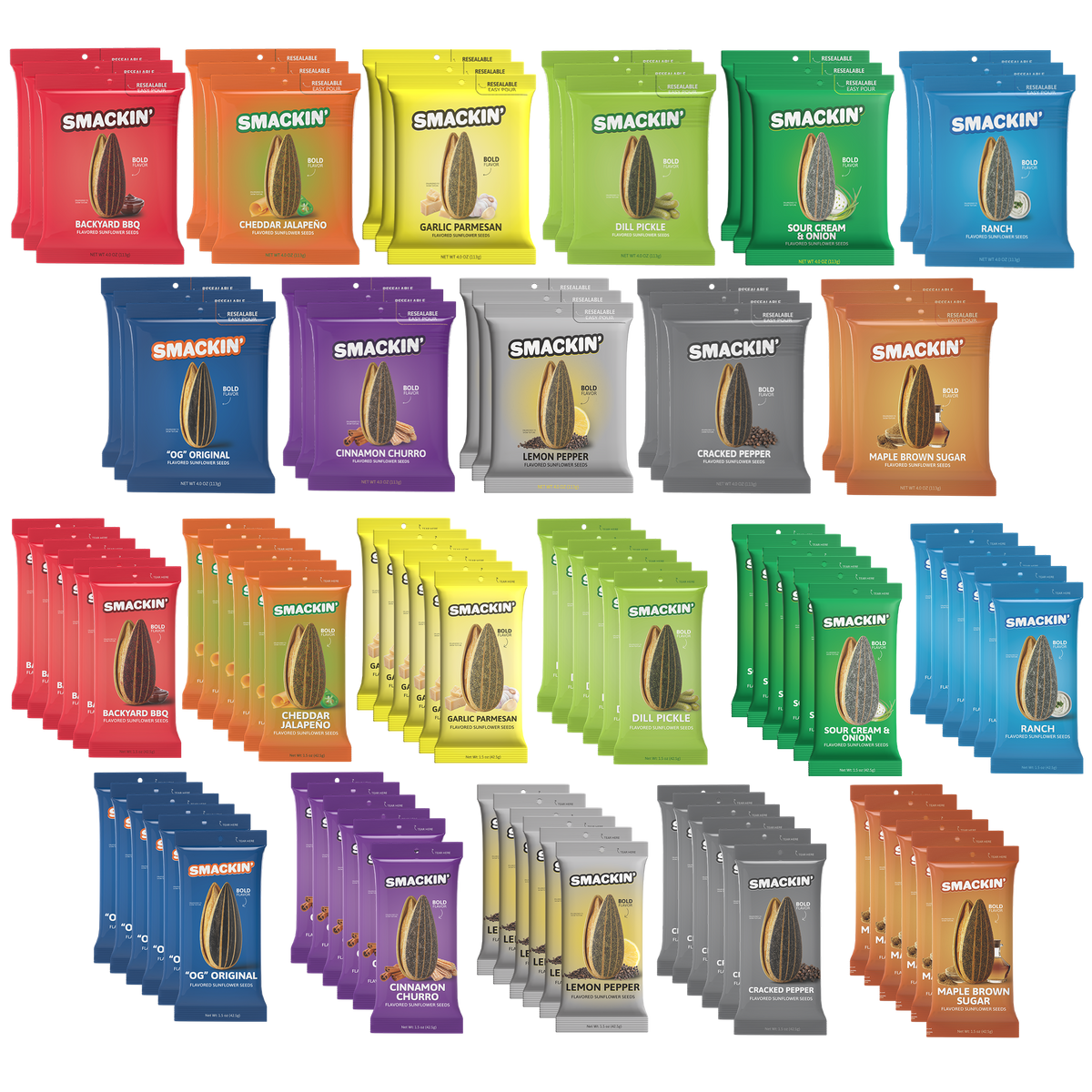 A comprehensive display of Smakin' flavored sunflower seeds in two sizes, featuring bold flavors like Backyard BBQ, Garlic Parmesan, and Cinnamon Churro in colorful resealable and tear-here packaging