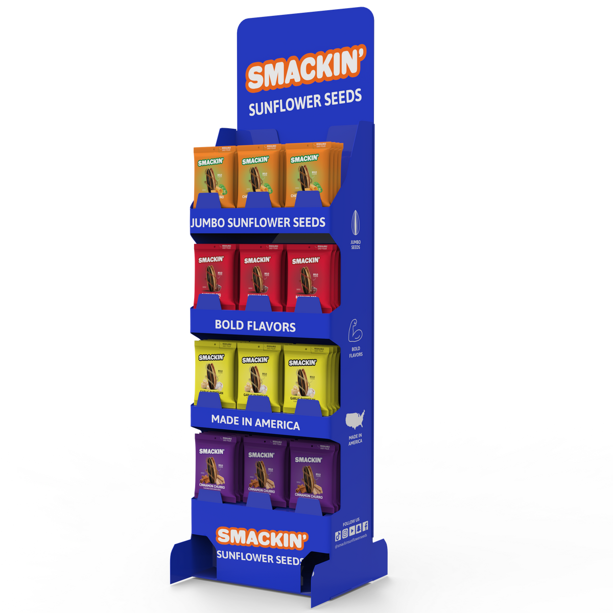 3D render of a Smakin' Sunflower Seeds retail display in vibrant blue with orange branding, featuring jumbo sunflower seeds in various bold flavors like orange Jalapeno Cheddar, red Backyard BBQ, yellow Garlic Parmesan, and purple Cinnamon Churro, along with a Made in America USA map icon
