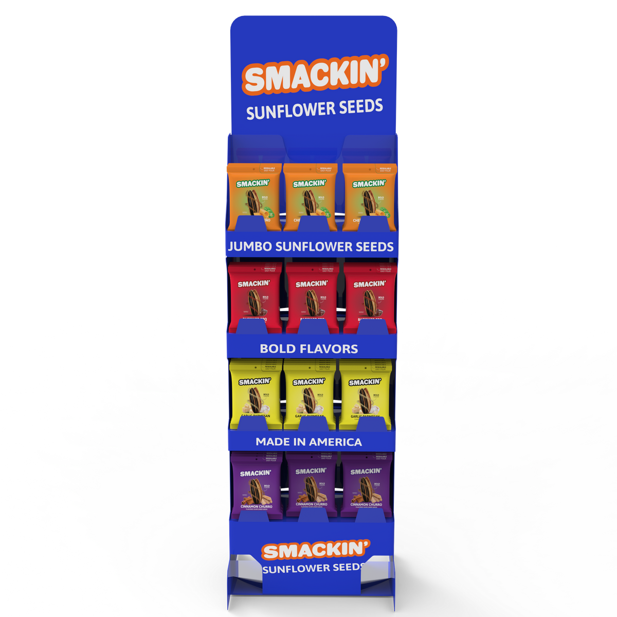 Blue retail display for Smackin' Sunflower Seeds showcasing orange Jalapeño Cheddar, red Backyard BBQ, yellow Garlic Parmesan, and purple Cinnamon Churro jumbo seed bags, prominently featuring "Bold Flavors" and "Made in America" text